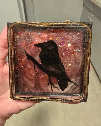 Handpainted Acrylic Crow on Resin Coaster
