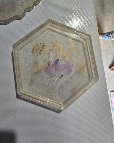 Resin coaster with loved ones ashes and kids hand print in mica